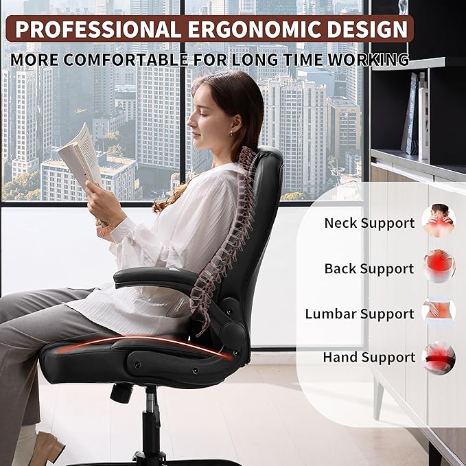 Executive Office Chair PU,Leather Office Chair with Wheels,360° Swivel Rolling Chair with Padded Arms,Ergonomic Computer Chair with Lumbar Support for Short People Use(Black)