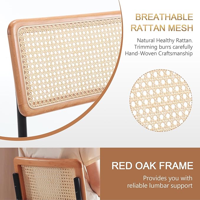 Zesthouse Rattan Desk Chair No Wheels, Mid Century Modern Home Office Chair with Cane Mesh & Wooden Back, Vintage Faux Leather Swivel Accent Chair, Upholstered Armless Computer Task Chair,Brown