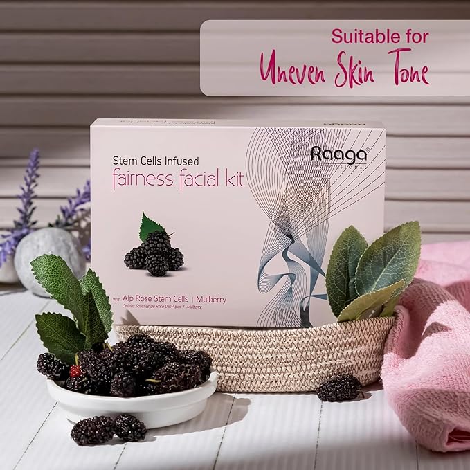 Raaga Professional Mulberry Single Use Facial Kit | for Skin Radiance | 6-Step Skincare Set At Home | Includes Cleanser, Scrub, Toner, Serum, Massage Cream & Face Mask | 61g/2.15 Oz