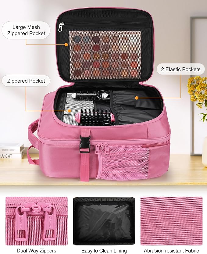 Relavel Makeup Backpack, Professional Travel Train Case Makeup Artist Kit Set Bag for Women Extra Large Cosmetic Organizer, Brush Storage Holder, with Adjustable High Dividers, Rose Pink