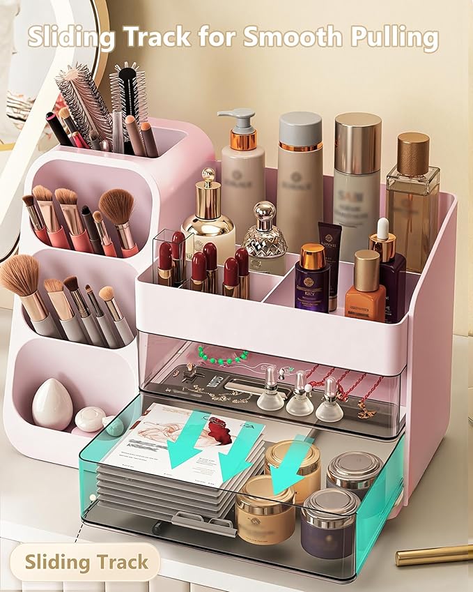 Large Capacity Makeup Organizer Countertop with Makeup Brush Holder for Vanity, Thickened Material, Bathroom Countertop Organizer Skin Care Perfumes Storage, Teen Girl Gifts for 13-25 Year