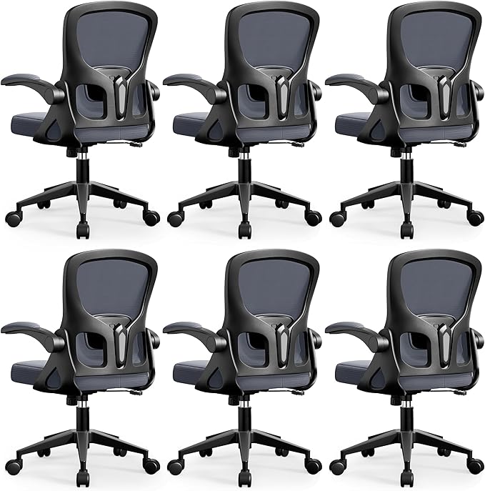 Office Chair Ergonomic Desk Chair, Adjustable Lumbar Support Rolling Swivel Comfy Chair with Space-Saving Flip Up Armrests, Mesh Gaming Chair for Business Work Office & Home, Dark Gray 6pcs