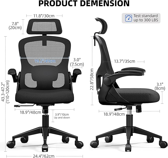 Ergonomic Office Chair, Mesh Desk Chair with Adjustable Headrest & Lumbar Support, Rolling Computer Chair with Flip-up Armrests, Comfy Swivel Home Office Chair for Long Hours (1, Light Black)