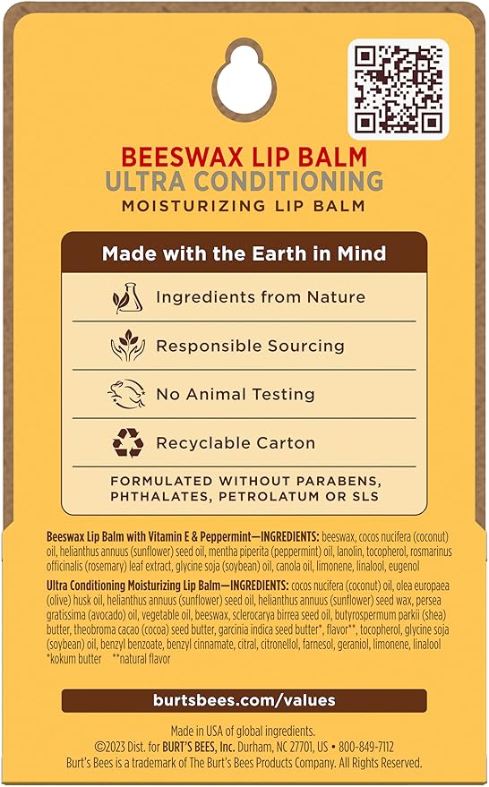 Burt's Bees Lip Balm Easter Basket Stuffers - Original Beeswax, Lip Moisturizer With Responsibly Sourced Beeswax, Tint-Free, Natural Conditioning Lip Treatment, 2 Tubes, 0.15 oz. (Pack of 2)