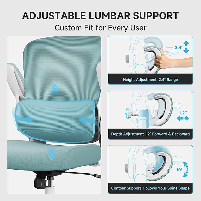 Mesh Office Chair, 330LBS Ergonomic Comfy Desk Chair with Adjustable Lumbar Support, Executive Computer Chairs for Home Office, Blue