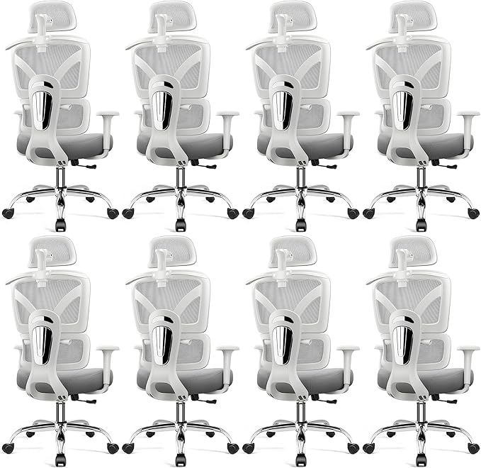 Ergonomic Office Desk Chair, High Back Mesh Office Chair with Adjustable Lumbar Support, 3D Headrest, Big and Tall Home Computer Desk Chairs Comfy for Work, Gaming, 300lbs, (Gray, 8 Pack)