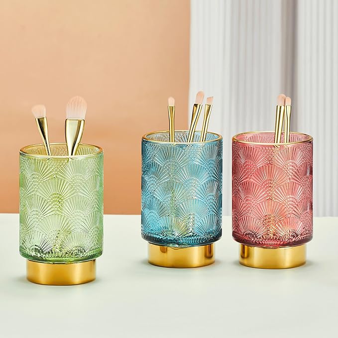 Makeup Brush Holder Organizer,Toothbrush Holders,Desk Pen Pencil Holder,Multifunctional Vintage Glass Brush Cup（A41-3-US）