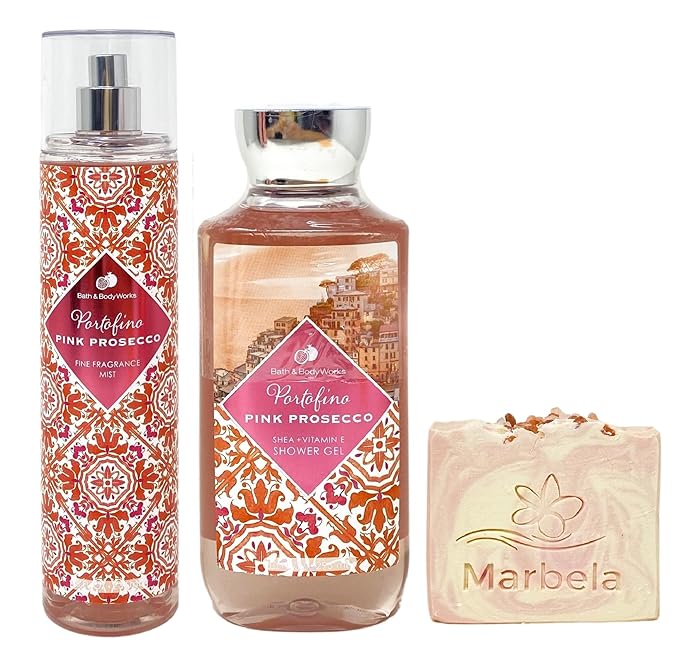 Bath & Body Works Portofino Pink Prosecco Fragrance Mist and Shower Gel Duo Set with a Himalayan Salts Springs Bar Soap - Full Size