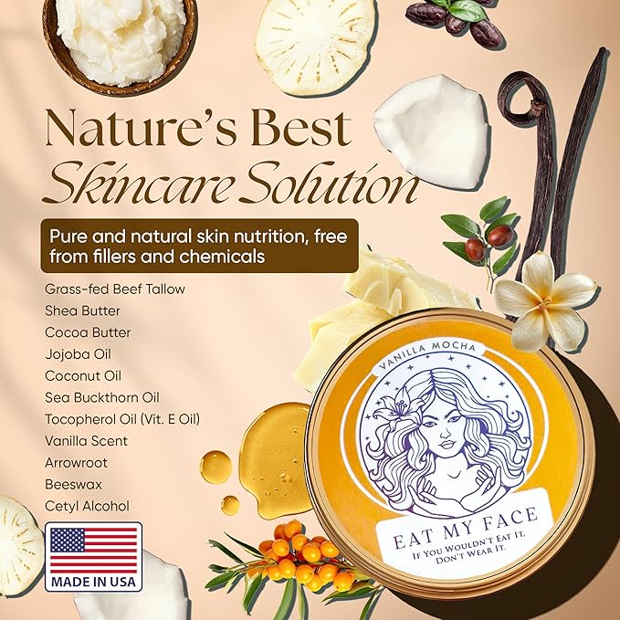 Eat My Face Tallow Moisturizer & Aloe After Sun Repair Cream Set – Grass Fed Beef Tallow Skincare with Shea, Cocoa Butter, Jojoba Oil & Vitamin E – Nourishing Vanilla Cream Duo, 4oz Each