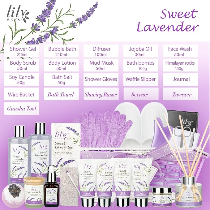 Mothers Day Gifts for Mom Spa Gift Set for Women - 22 Piece Lavender Luxury Bath & Body Basket with Bath Bomb | Spa Bath Gift Set for Birthday Gifts, Valentines Day Gift, Christmas Gift for women
