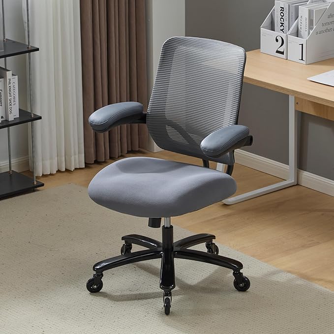 500LBS Big and Tall Office Chair with Flip-Up Armrests, Heavy Duty Office Chair for Heavy People, Memory Foam Seat Filling Springs, Grey