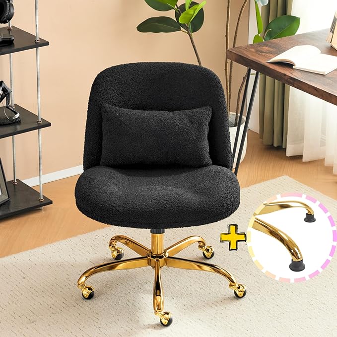 VINGLI Wide Criss Cross Legged Office Chair,Buttprint Ergonomic Desk Chair Comfy with Pillow&Gold Base,Dual-Use with/no Wheels,Adjustable Vanity Swivel Chair for Bedroom,Home Office,Teddy Fleece,Black