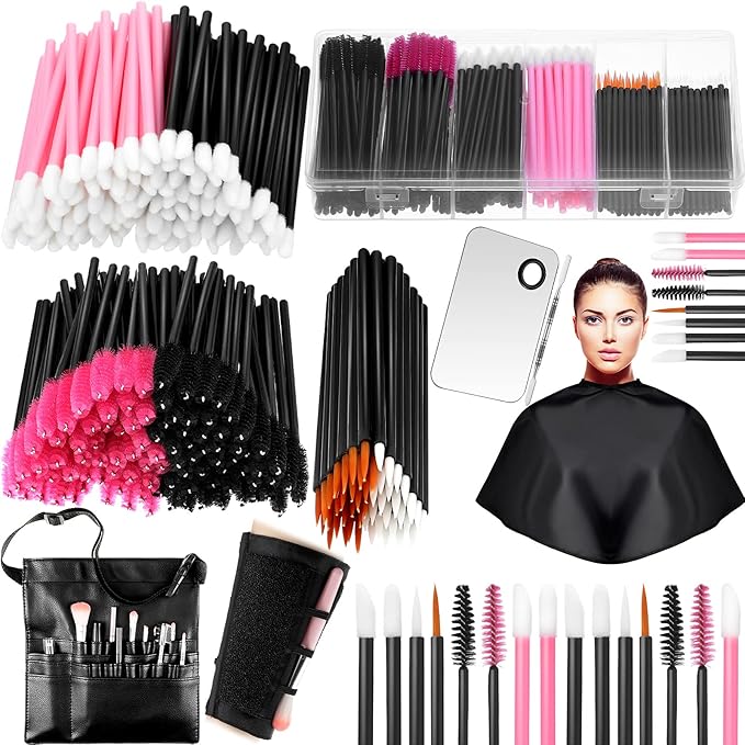 268 Pieces Disposable Makeup Tools Kit, Includes Eyeliner Brushes Makeup Short Waterproof Cape Stainless Steel Palette Mascara Wands Lipstick Applicators Plastic Organizer Box Bag Armband Cleaner