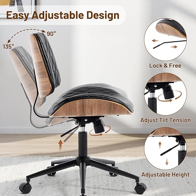 Walnut Bentwood Mid Back Armless Office Chair 2 Pack, Adjustable Height PU Leather Swivel Desk Chair with Wheels, Rolling Computer Task Chair for Home Office, Study, Meeting Room