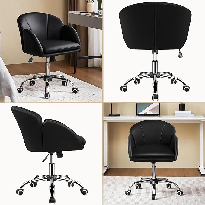 Yaheetech Cute Petal Desk Chair Home Office Chair Swivel Leather Desk Chair Makeup Vanity Chair with Armrests for Bedroom Modern Computer Rolling Chair for Women Black