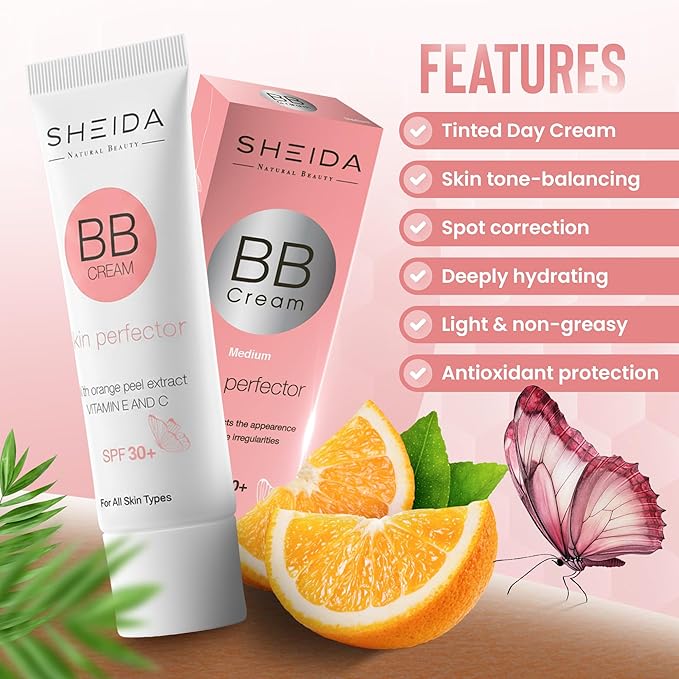 Sheida BB Cream with SPF 30+, Hydrating Daily Tinted Day Cream, Natural Finish, Buildable Light Coverage, 24h Moisture, Vitamin C & E for Even Skin Tone and Radiant Look – 50 ml (Medium)