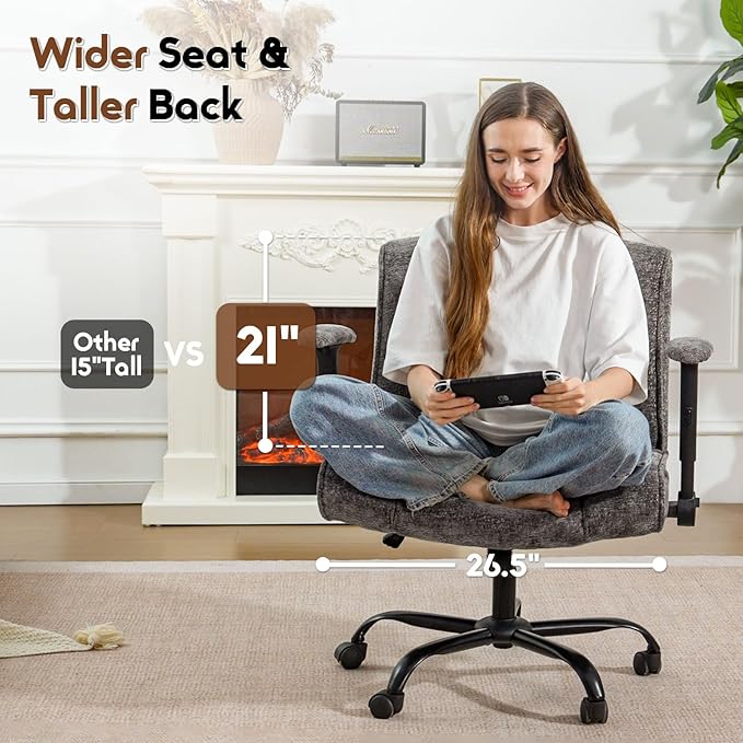 Criss Cross Chair with Wheels & Flip Arms, Wide Cross Legged Office Chair with Adjustable Tilt Criss-Cross Desk Chair with Lumbar Support for Home Office, Bedroom, Apartment Gray