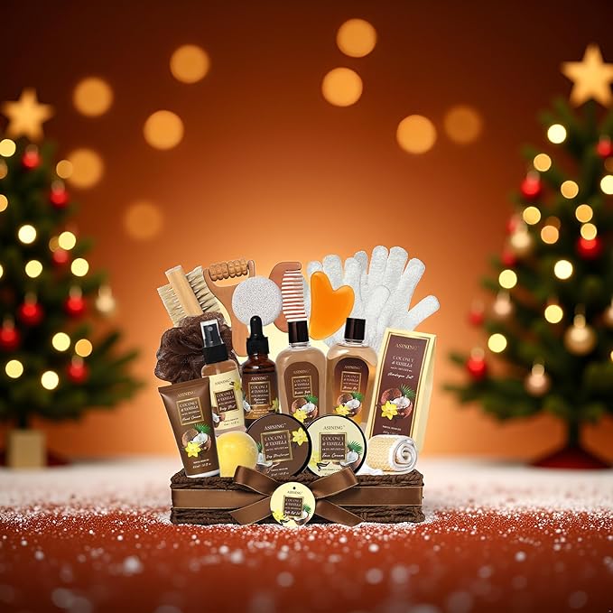 19-Piece Bath and Body Gift Basket Set for Women - Coconut Vanilla Gift, Spa Gift Basket, Face Skin Care Set, Bath Gift Set Self Care Gift for Mothers Day, Fathers Day, Birthday, Christmas, Valentines