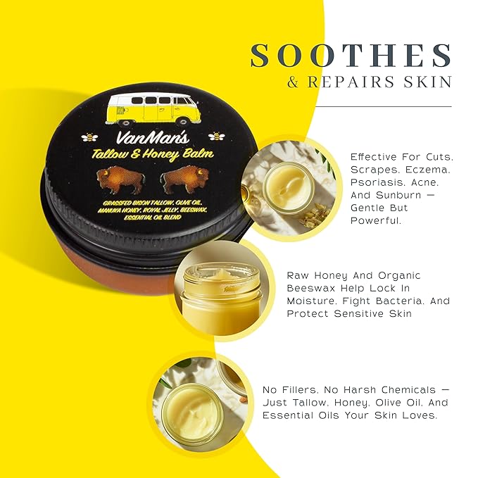 Vanman’s - Tiny Bison Tallow and Honey Balm - Grass-Fed/Finished Bison Tallow and Manuka Honey Cream with Royal Jelly, Essential Oils - Cream for Dry, Delicate Skin - Bison Tallow Skin Care - 0.25 oz