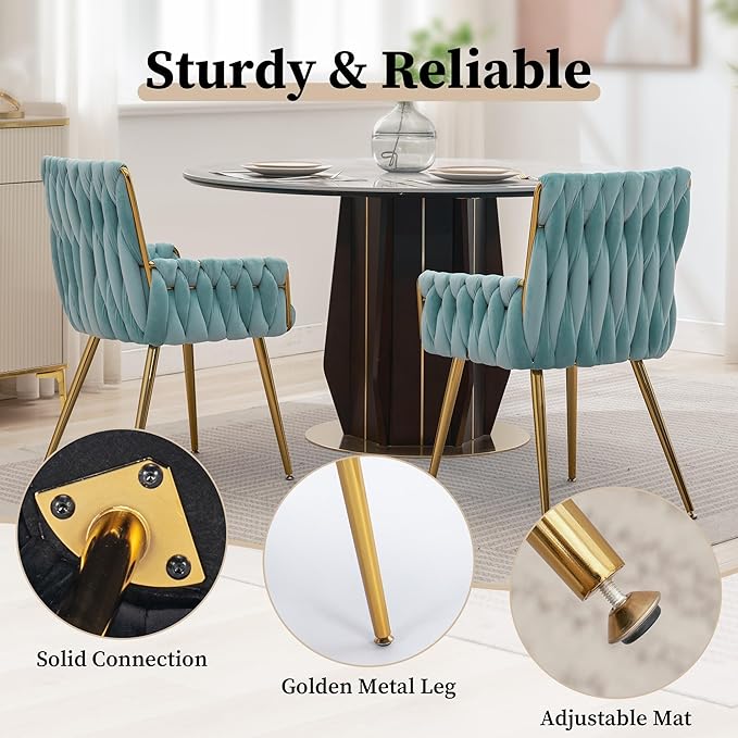 ABET Office Desk Chair No Wheels, Woven Velvet Vanity Chair with Back & Armrest, Comfy Upholstered Cute Gold Metal Legs Makeup Aesthetic Armchair for Girls & Women Bedroom, Nail Spa, Light Blue