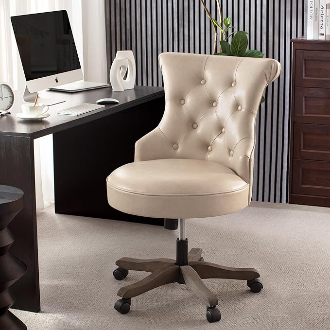 HUIMO Home Office Chair Upholstered Armless Desk Chair with Wheels Adjustable Height Computer Desk Chair with Wooden Legs Comfortable Swivel Chair for Home Office Study Studio (Light Taupe)