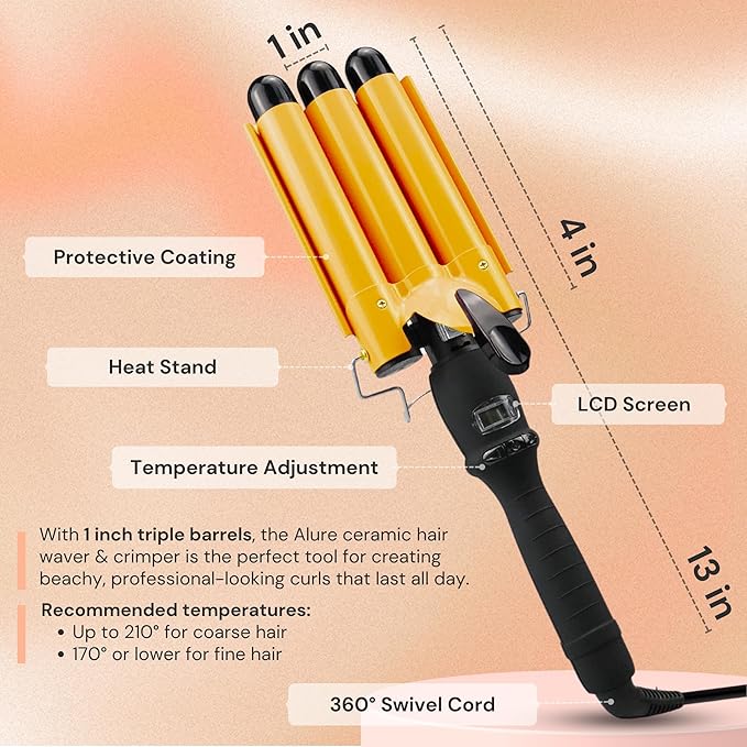 Alure Three Barrel Curling Iron Wand with LCD Temperature Display - 1 Inch Ceramic Tourmaline Triple Barrels, Dual Voltage Crimping Tool, Best Hair Waver for Beachy/Frizz Free Waves (zGold)