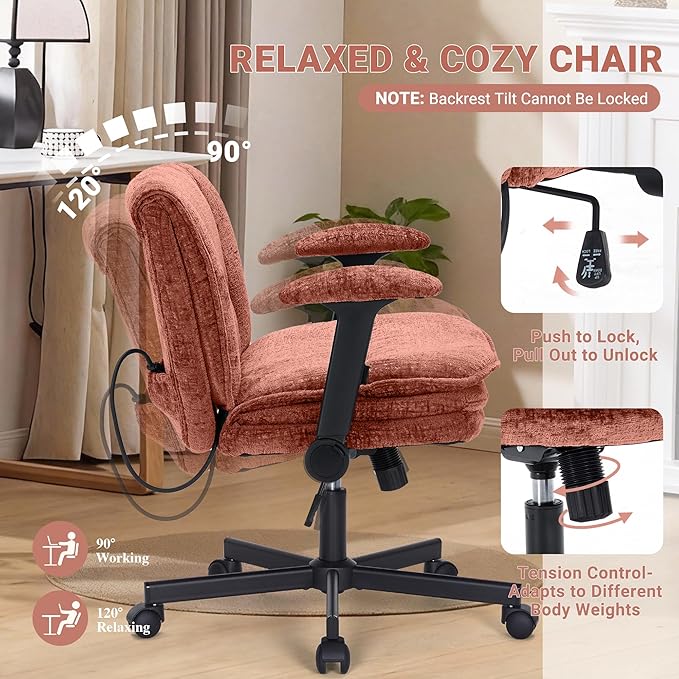 Criss Cross Chair with Wheels and Flip Arms, Upholstered Cross Legged Office Chair with 3 Layer Cushions&Dynamic Airbag Lumbar Support, Wide Seat Comfy Desk Chair for Home Office, Living Room, Orange