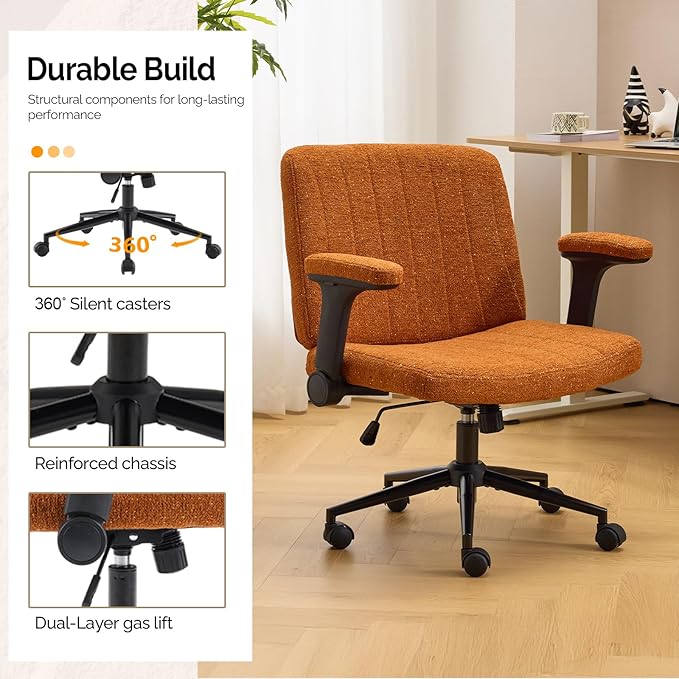 VINGLI Criss Cross Chair with Adjustable Flip-Up Arms,Cross Legged Chair with Wheels,Extra Wide Office Chair,Desk Chair for Home Office,Vanity,Bedroom, Apartment,Starry Chenille,Burnt Orange