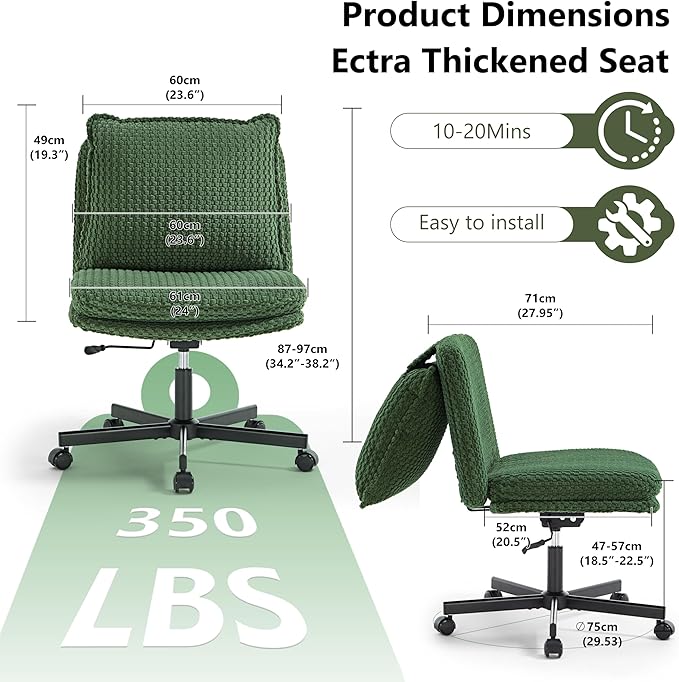 Fizzin Criss Cross Chair,Armless Cross Legged Chair with Wheels,Memory Foam Seat Office Desk Chair with Flipable Back Cushion,Mid Back Swivel Chair for Home Office,Bedroom Vanity (Green)
