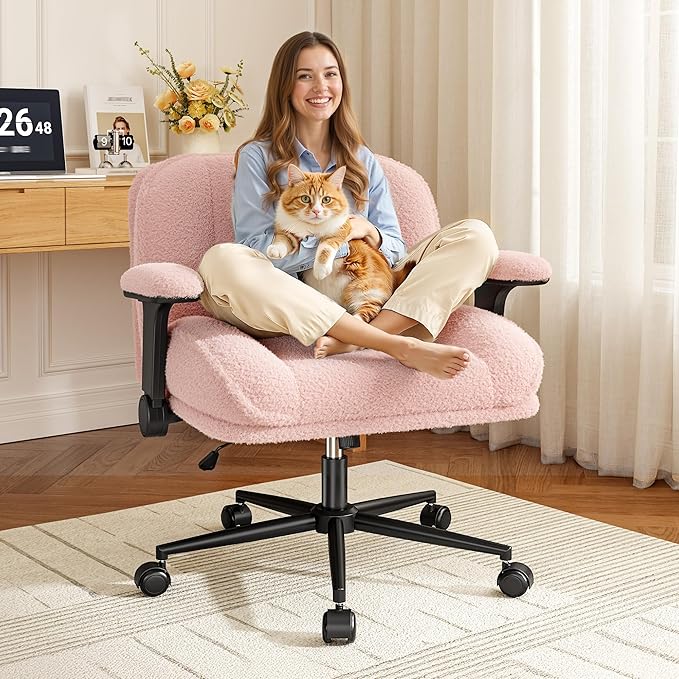 Criss Cross Chair with Wheels,Wide Cross Legged Office Chair with Flip-Up Arms & Extra-Deep Seat Thickened for Home Office, Vanity Chair for Apartment,Plush Cushion,Comfy,Pink