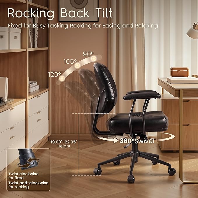 HOOOWOOO Ergonomic Office Chair,Mid Century Modern Computer Desk Chair,Comfy Executive Chair with Extra Wide Tufted Cloudy Seat Lumbar Support Rocking Back,PU Leather Black