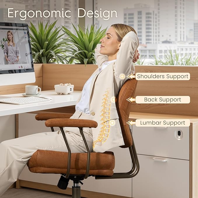 HOOOWOOO Ergonomic Office Chair,Mid Century Modern Computer Desk Chair,Comfy Executive Chair with Extra Wide Tufted Cloudy Seat Lumbar Support Rocking Back,Suede Leather Light Brown