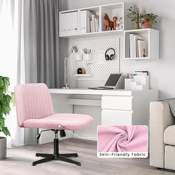PUKAMI Criss Cross Chair,Comfy Cross Legged Office Desk Chair No Wheels,Modern Fabric Swivel Adjustable Height Mid Back Wide Seat for Home Office Computer (Pink)