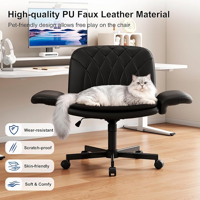 Misolant Criss Cross Chair with Armrests & Wheels for Cross-Legged Sitting, Comfortable PU Leather Vanity Chair, Office Desk Chairs with Adjustable Rocking Function, for Home, Bedroom Black
