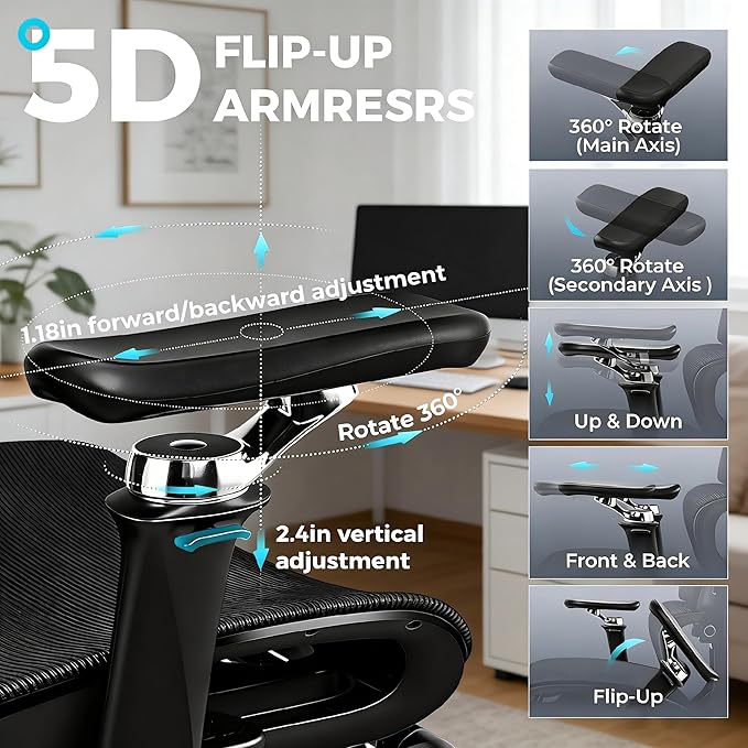 Ergonomic Mesh Office Chair with Footrest, Big and Tall Home Desk Chair with 5D Flip-Up Arms, Adjustable Lumbar Support, Gaming & Executive Computer Chairs, Black