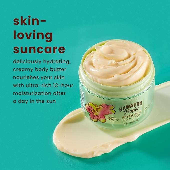 Hawaiian Tropic After Sun Body Butter with Coconut Oil 8oz & Sheer Touch Ultra Radiance Sunscreen SPF 15 8oz Bundle
