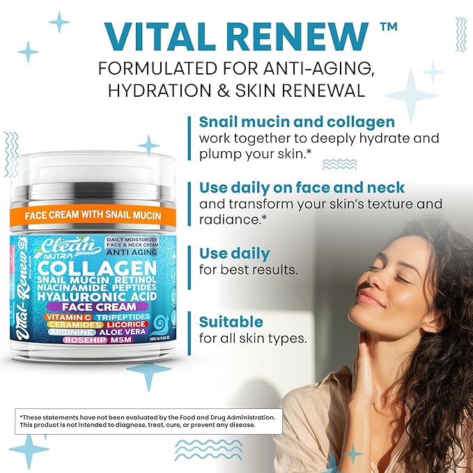 Vital Renew Snail Mucin Collagen Face Cream Daily Moisturizer Retinol Anti Aging Face Cream Niacinamide Peptides Hyaluronic Acid Vitamin C MSM Tripeptides Ceramides Licorice Arginine Aloe Vera