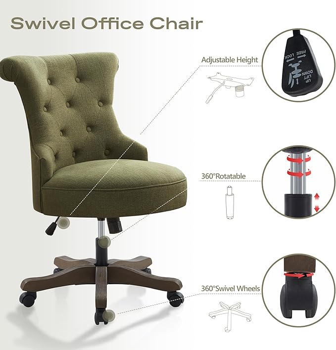 HUIMO Home Office Chair Upholstered Armless Desk Chair with Wheels Adjustable Height Computer Desk Chair with Wooden Legs Comfortable Swivel Chair for Home Office Study Studio (Green)