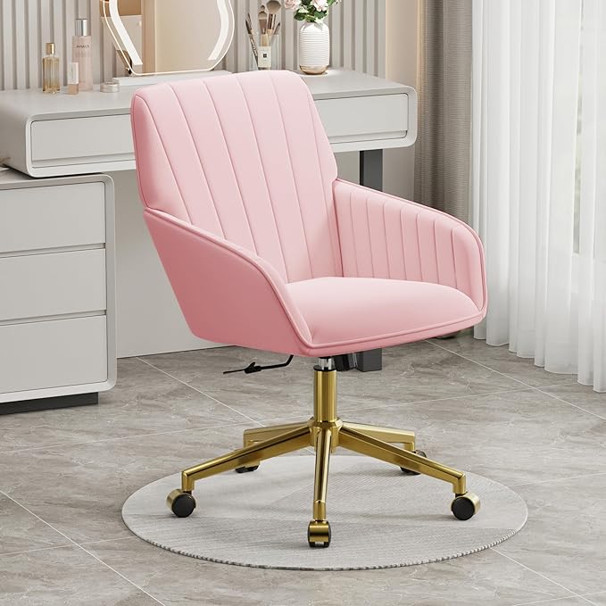 YITAI Velvet Office Desk Armchairs with Gold Base and Wheels,Modern Height Adjustable 360 Degree Swivel Upholstered Vanity Chairs for Living/Room Bedroom/Study,Pink