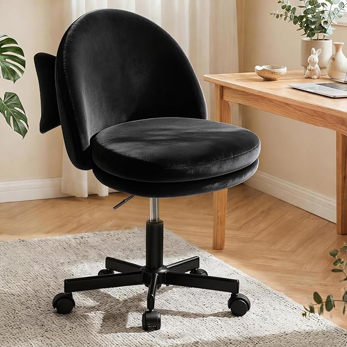 GTPOFFICE Vanity Chair with Back, Adjustable Tall Office Chair High Swivel Bar Stools Fluffy Cute Desk Chair Comfy with Wheels Bow Pillow Armlees for Adults Standing Desk Bar, Soft Velvet, Black