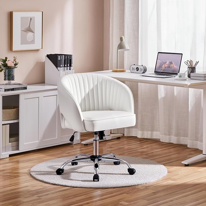 Yaheetech Home Office Chair, Faux Leather Desk Chair, Modern Swivel Chair with Tufted Barrel Back, Rolling Wheels for Office,Study, Vanity, Bedroom White