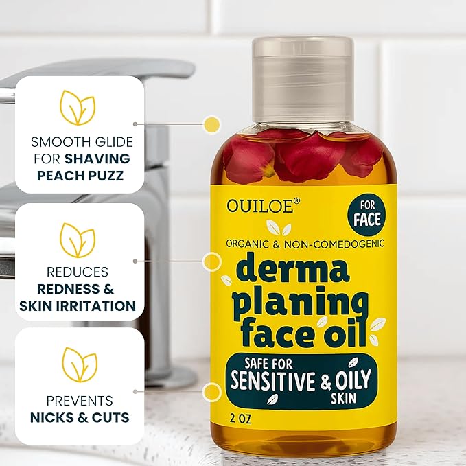 Dermaplaning Oil for Women - Face Shaving Oil for Oily Skin - Non Comedogenic, Fragrance Free, Organic, Natural and Lightweight - Use with Dermaplaning Tool for Face, 2oz by Ouiloe