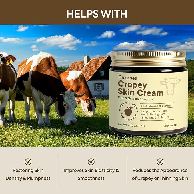 Crepey Repair Cream for Aging Skin: Crepe Skin Repair Treatment with Pure Beef Tallow, Soluble Collagen & Apple Fruit - Advanced Crepe Fix Cream for Neck, Arms, Chest, Body - Unscented 2 Pack