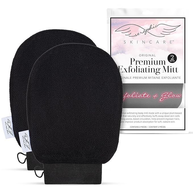 Seraphic Skincare Original Premium Exfoliating Mitt for Body (2pc) – 100% Vegan Viscose Traditional Body Scrub Glove Kessa Korean Washcloth – Body Exfoliator for Self-Tan Removal & Keratosis Pilaris