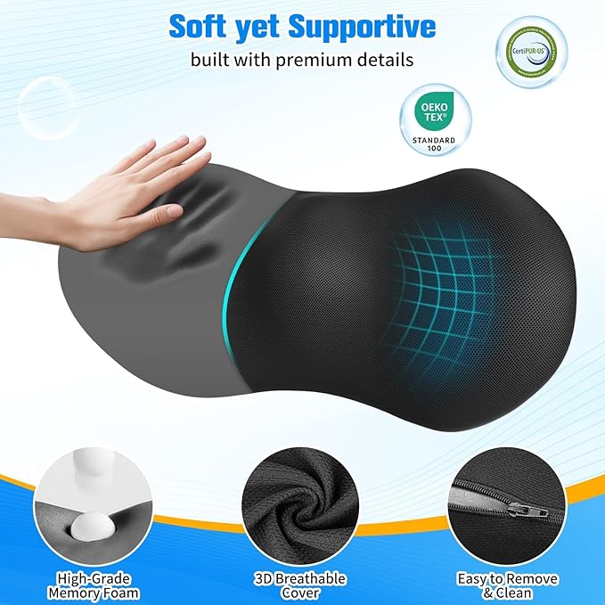 Lumbar Support Pillow for Office Chair - Memory Foam Lumbar Pillow with Detachable Strap & Breathable Cover, Ergonomic Back Support for Office Chair, Car Seat Cushion, Bed Rest (Black)