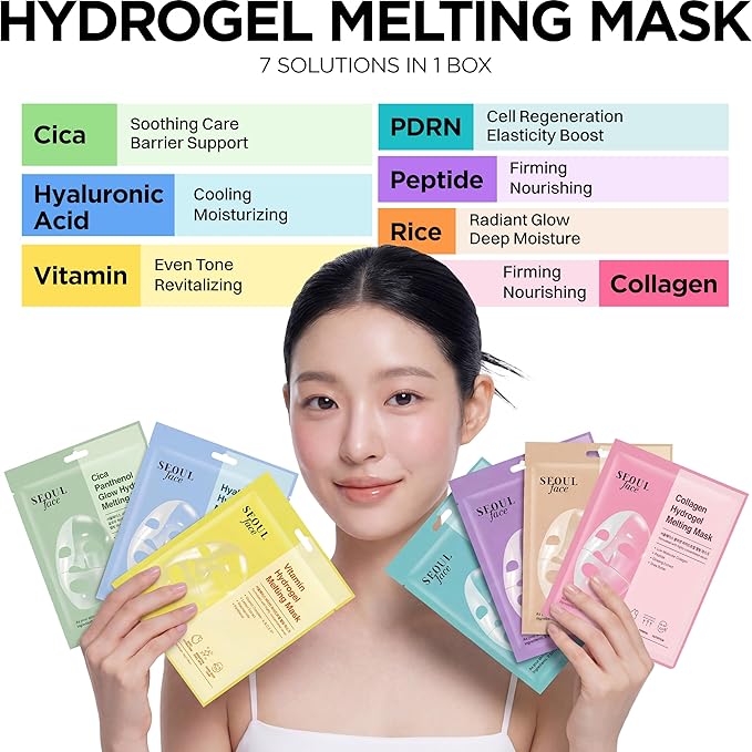 DERMAL Hydrogel Melting Mask Variety Pack 7 Sheets - Korean Overnight Face Mask Set with Collagen, Hyaluronic, PDRN, Vitamin, Rice Ceramide, Peptide, Cica - Glass Skin Jelly Gel K-Beauty Ritual