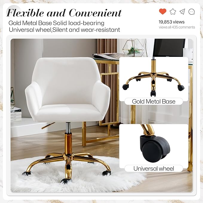 Faux Fur 360°Swivel Desk Chair, Height Adjustable Home Office Armchair with Golden Base for Teens Women Girls, Upholstery Computer Chair for Home Studios, Velvet & White