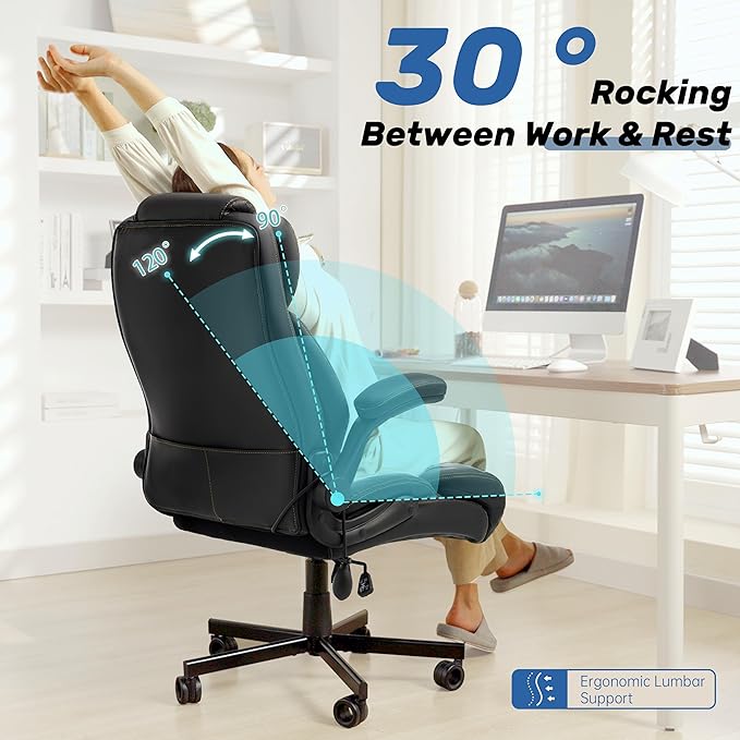 550LBS Big and Tall Office Chair, Comfy Heavy Duty Executive Chair with Adjustable Lumbar Support Double Spaces Casters, PU Leather Extra Wide Seat Ergonomic Computer Desk Chair for Back Pain, Black