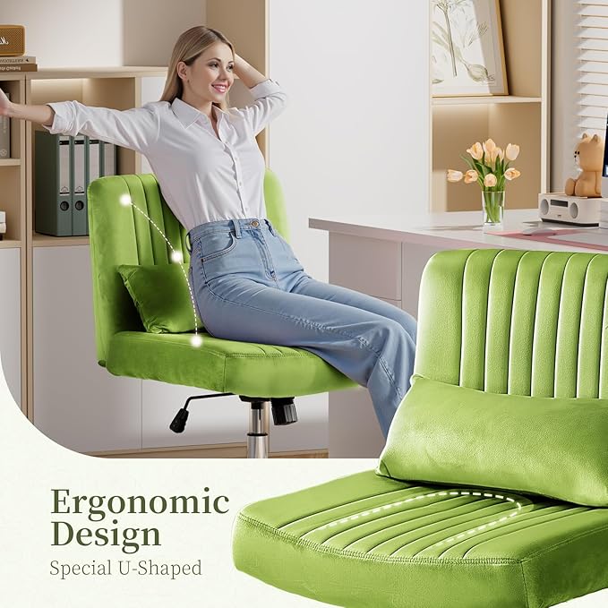 Warmiehomy Velvet Cross Legged Office Chair, Comfy Desk Chair for Home Office, Criss Cross Chair with Wheels, Height Adjustable Vanity Chair, Swivel Wide Seat Computer Chair Gift, Light Green