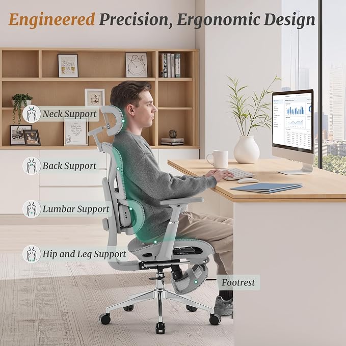 Ergonomic Office Chair with Footrest - 5-Level Adjustable Lumbar Support & 90-135°Recline, 3D Headrest & 4D Armrests, Breathable Mesh Seat Computer Chair for Home Office, Gaming, Light Grey